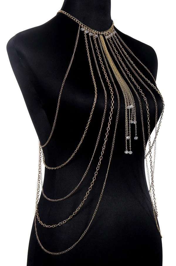 Body Chain Layered Gold Tassels Necklace Fashion Jewelry Belly Waist Bra Hot Bikini Beach Harness Anniversary Festival Gift for Women Lady Girls