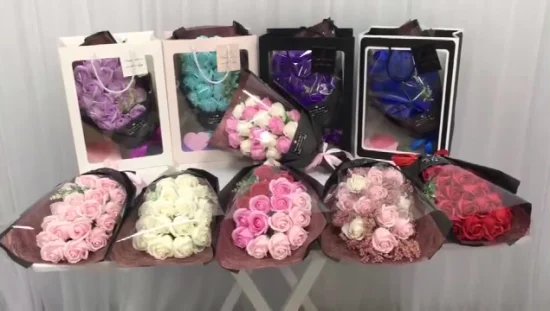 Amazon Valentine′s Day Bear 7PCS Fleur Artificielle Savon Rose Bouquet De Fleurs Cadeau pour Mariage